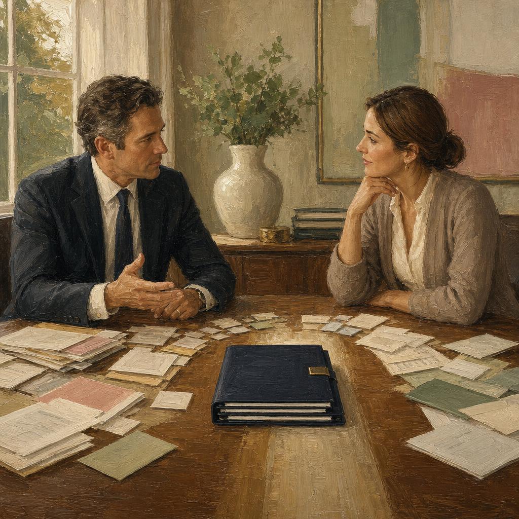 Painterly oil illustration of an attorney and client collaborating across a table of scattered papers with an organized navy case file between them
