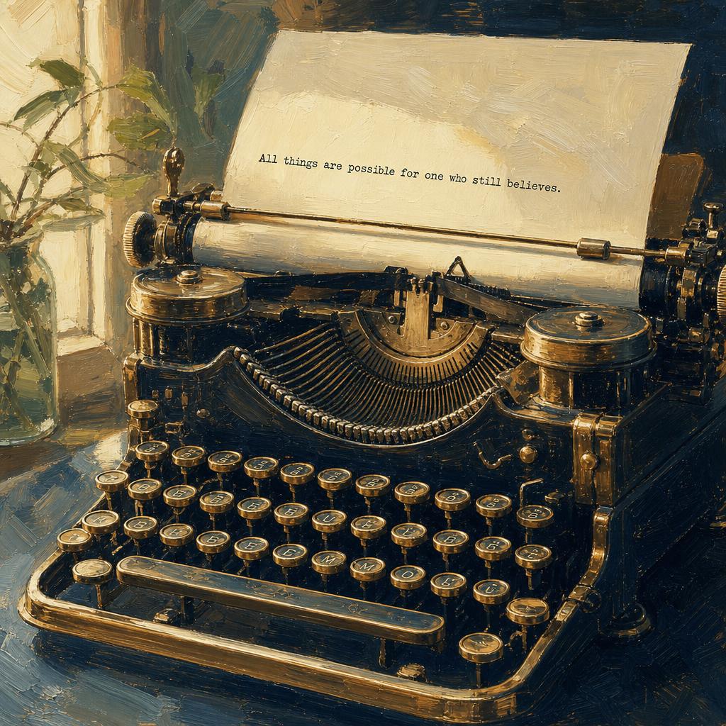 Painterly oil illustration of a vintage brass typewriter with a crisp typed page, warm afternoon light in cream and navy tones