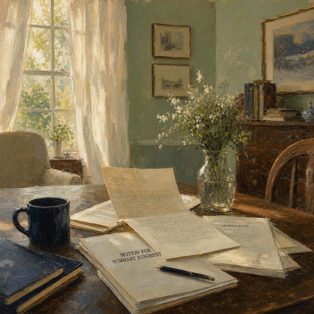 Impressionist oil painting of a sunlit home office with legal documents